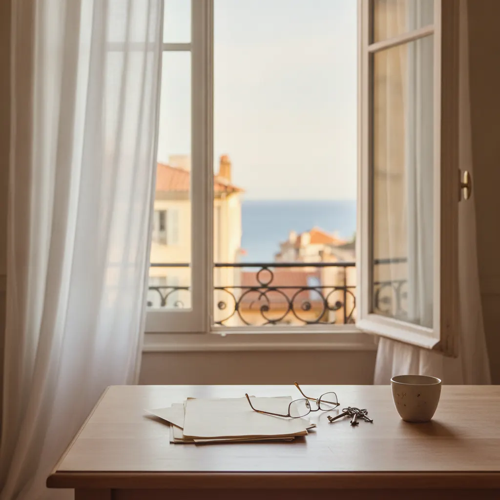Assurance location courte durée à Nice : appartement niçois lumineux, documents et clés posés près d'une fenêtre ouverte sur les toits ocre et la Méditerranée