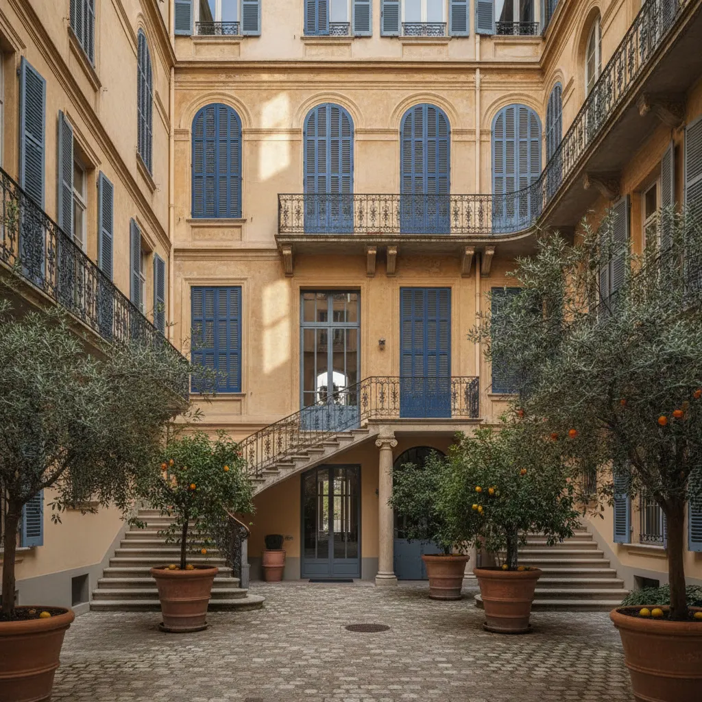 Cour intérieure et façades ocre d'un immeuble ancien à Nice, copropriété et location courte durée sur la Côte d'Azur
