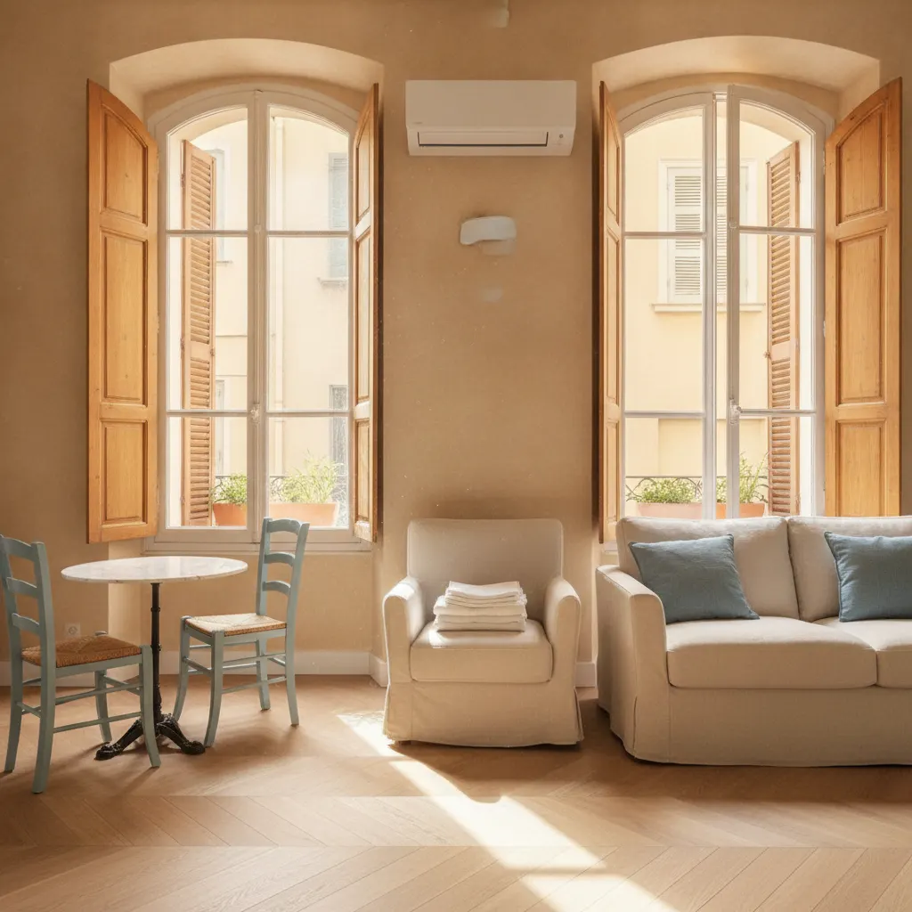 Équiper un meublé de tourisme à Nice : séjour d'un appartement niçois aménagé pour la location courte durée, volets ouverts sur une ruelle ensoleillée, linge de lit blanc et climatisation discrète