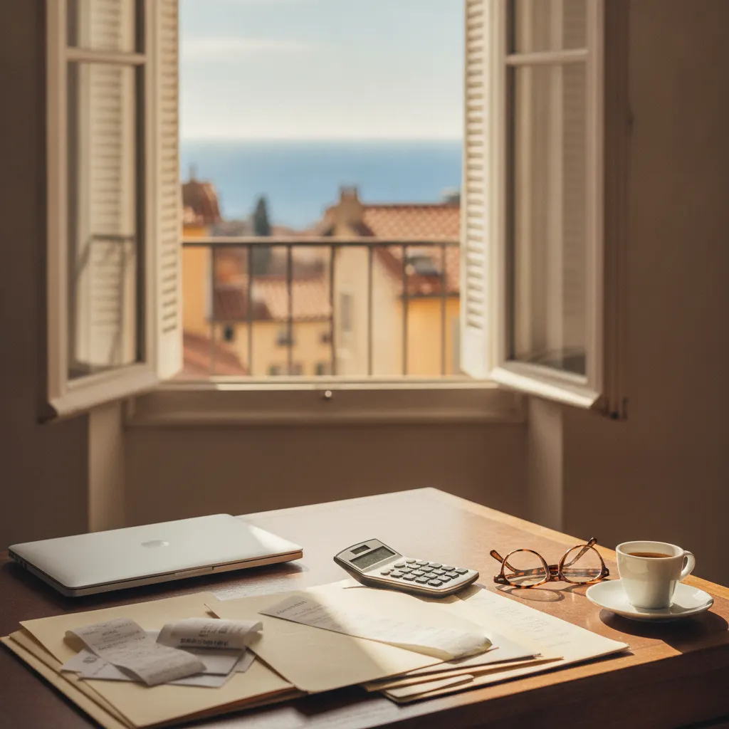Fiscalité de la location courte durée à Nice : bureau d'un appartement niçois avec dossiers, calculatrice et volets ouverts sur les toits ocre et la Méditerranée