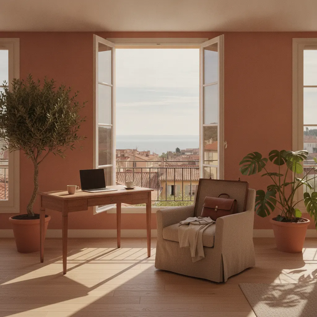 Location moyenne durée à Nice : appartement niçois meublé pour un séjour de plusieurs mois, bureau près de la fenêtre et valise ouverte, ouvert sur les toits ocre et la Méditerranée