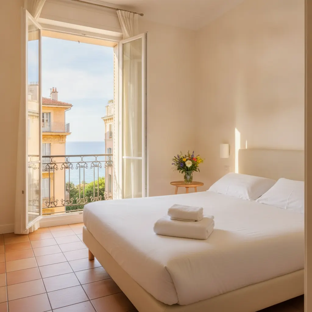 Appartement niçois lumineux après le ménage Airbnb à Nice, linge hôtelier plié et fenêtres ouvertes sur la Méditerranée