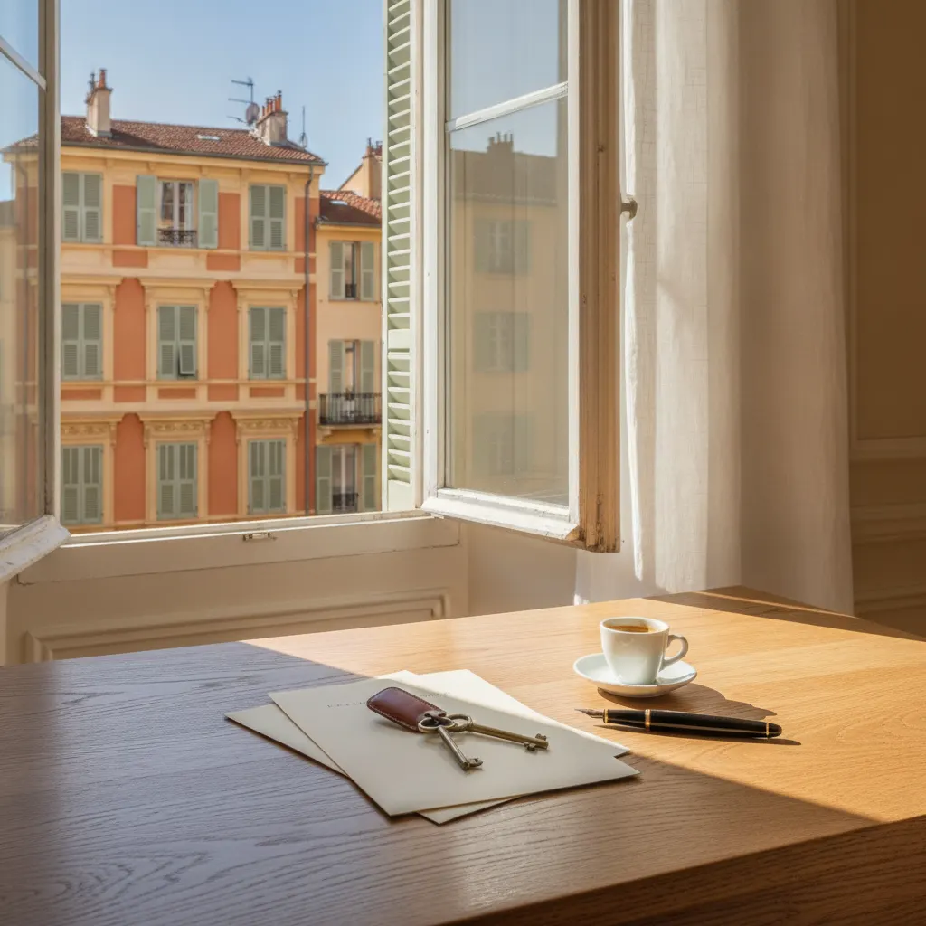 Bureau ensoleillé avec clés et dossiers devant les façades ocre de Nice, réglementation du meublé de tourisme à Nice