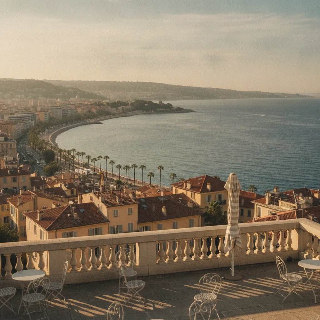 Toits ocre de Nice et Baie des Anges en lumière méditerranéenne, saisonnalité de la location courte durée à Nice sur la Côte d'Azur