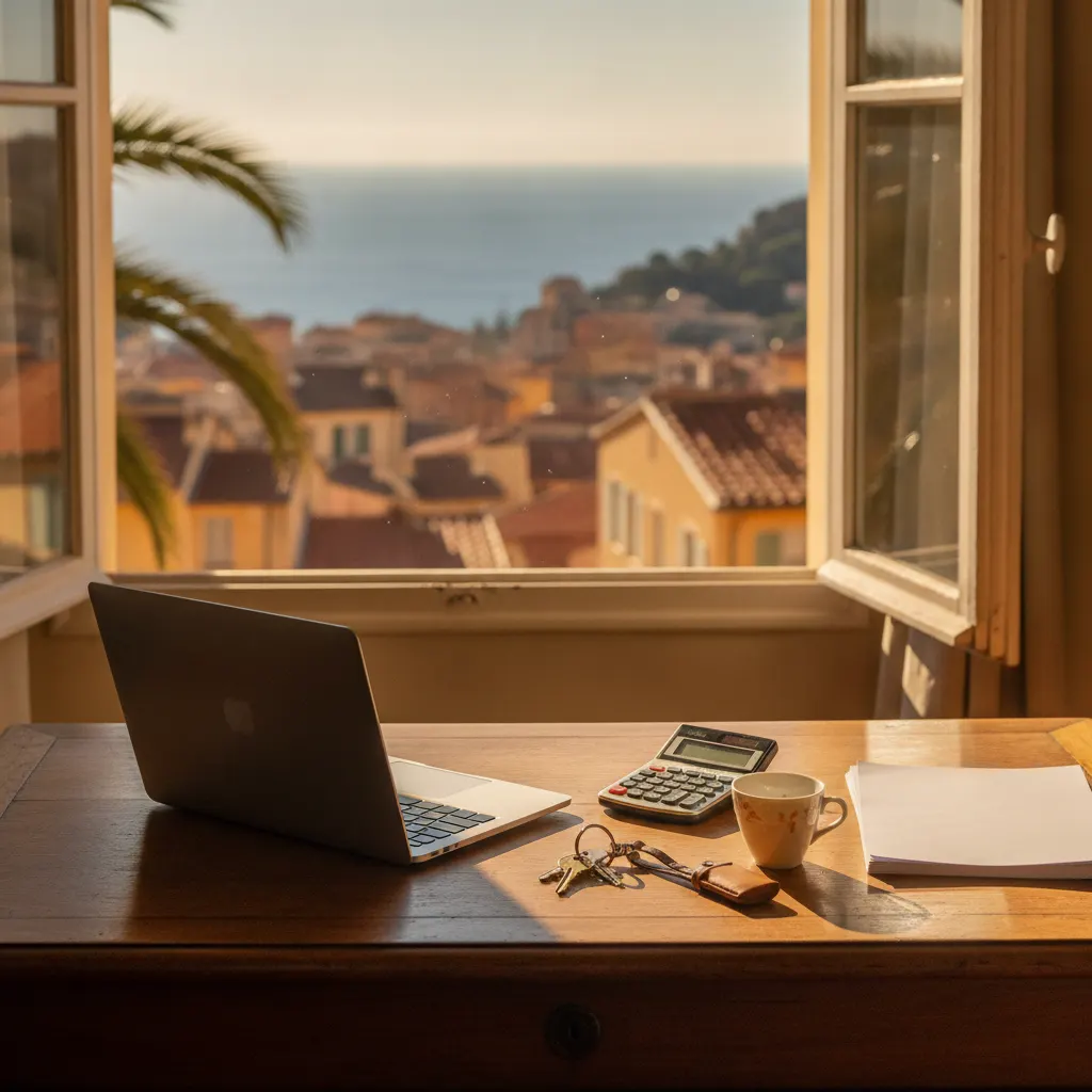 Taxe de séjour à Nice : bureau ensoleillé d'un appartement niçois avec calculatrice, clés et carnet, ouvert sur les toits ocre du Vieux-Nice et la Méditerranée